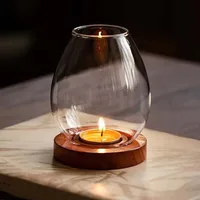 Transparent Glass Candlesticks Hollow Windproof Candle Holder Round with Wood Base Candle Cup Cover Dining Table Decoration