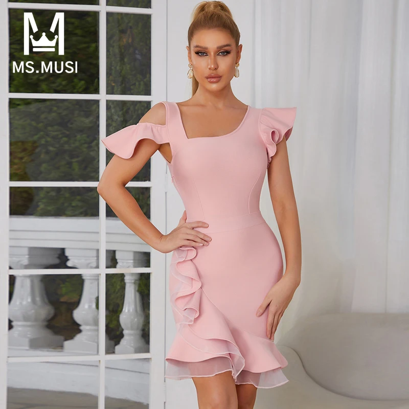 

MSMUSI 2023 New Fashion Women Sexy Lace Mesh Short Sleeve Draped Ruffles Trumpet Bandage Party Club Bodycon Event Mini Dress
