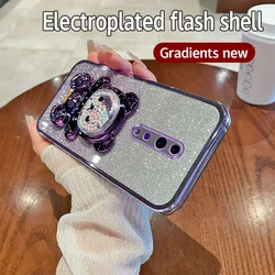 Soft Silicone Bling Shockproof Electroplated TPU Phone Case with Cute Bear Stand for CPH1979 (Purple)