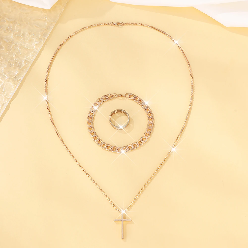 Men's 3pcs Fashion Alloy Jewelry Set - Cross Pendant Necklace, Bracelet & Ring Combo