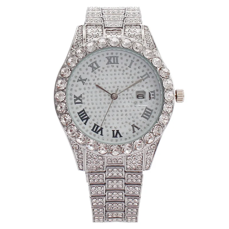 

Luxury Round Quartz Roma Calendar Dial Casual Watch Stainless Strap Fashionable Rhinestone Clock Waterproof Wristwatch for Women