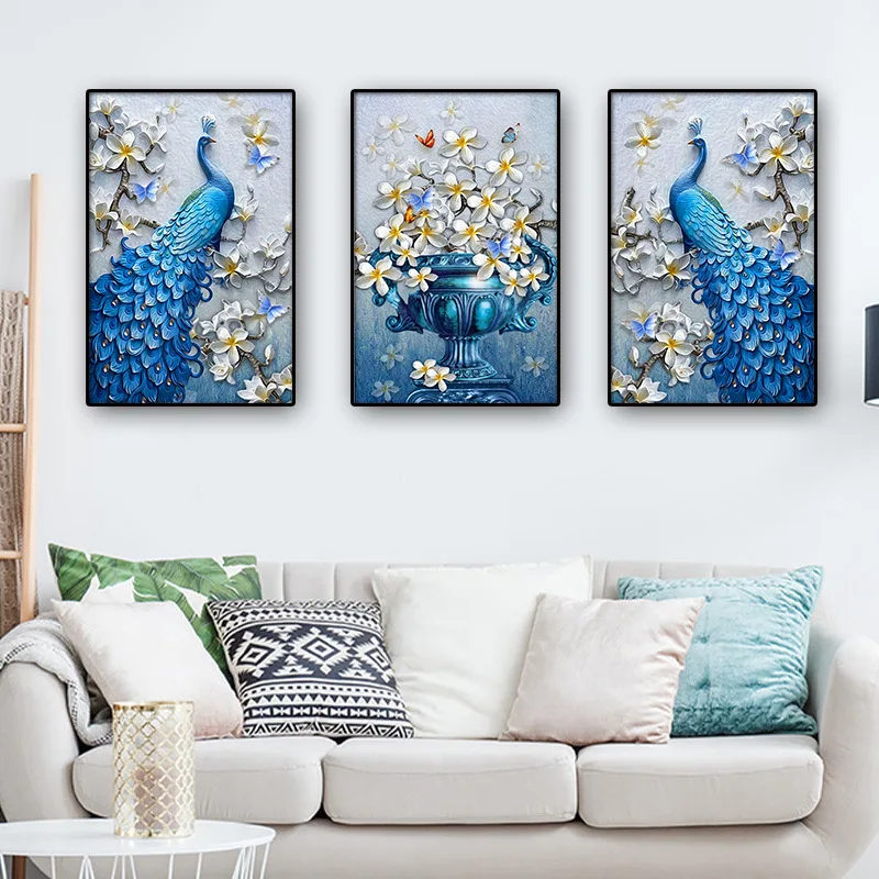 

Картина с синим павлином и цветами, Настенная картина с абстрактными вазами, постер для гостиной, домашний декор в эстетике, принты на холсте
