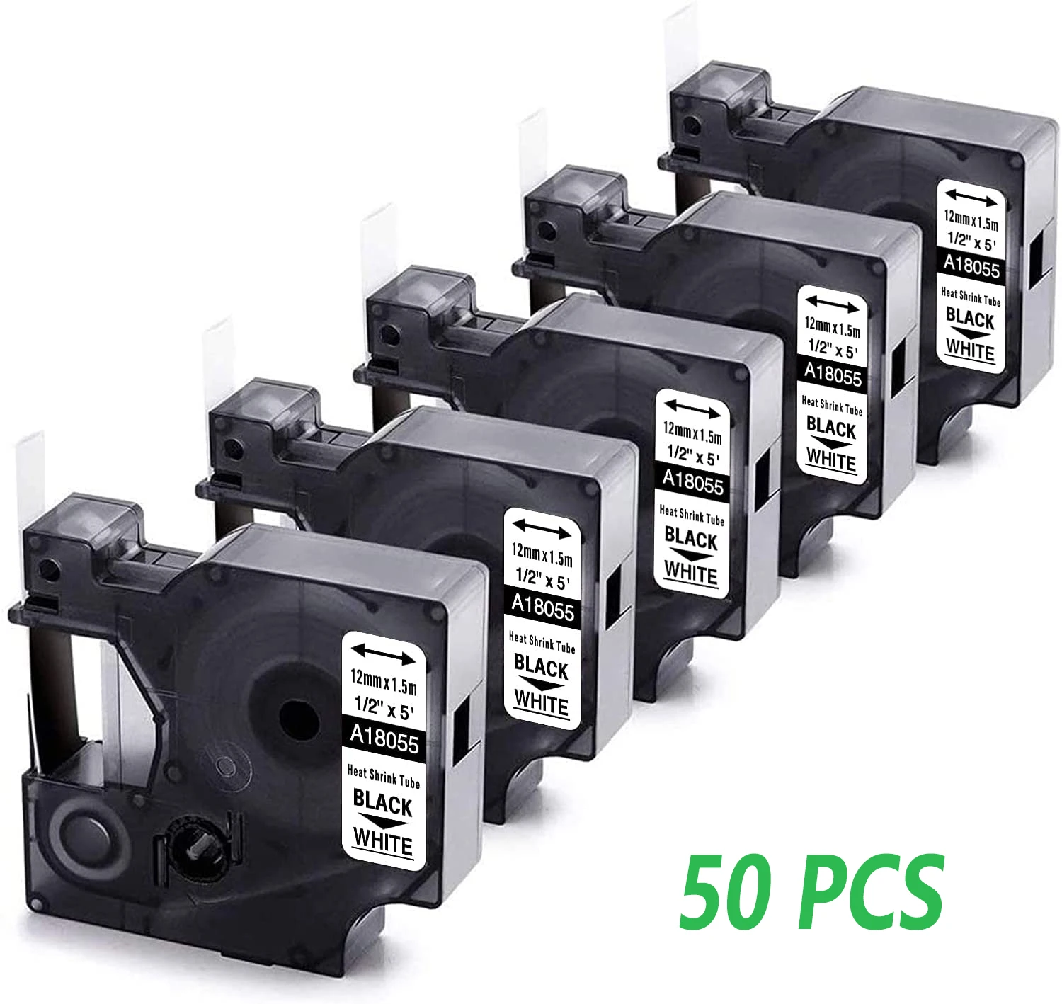 

50pcs Compatible Dymo Heat shrink tubing labels 18055 12mmx1.5m Black on White For DYMO Rhino Labeling Machine 4200 5000 5200