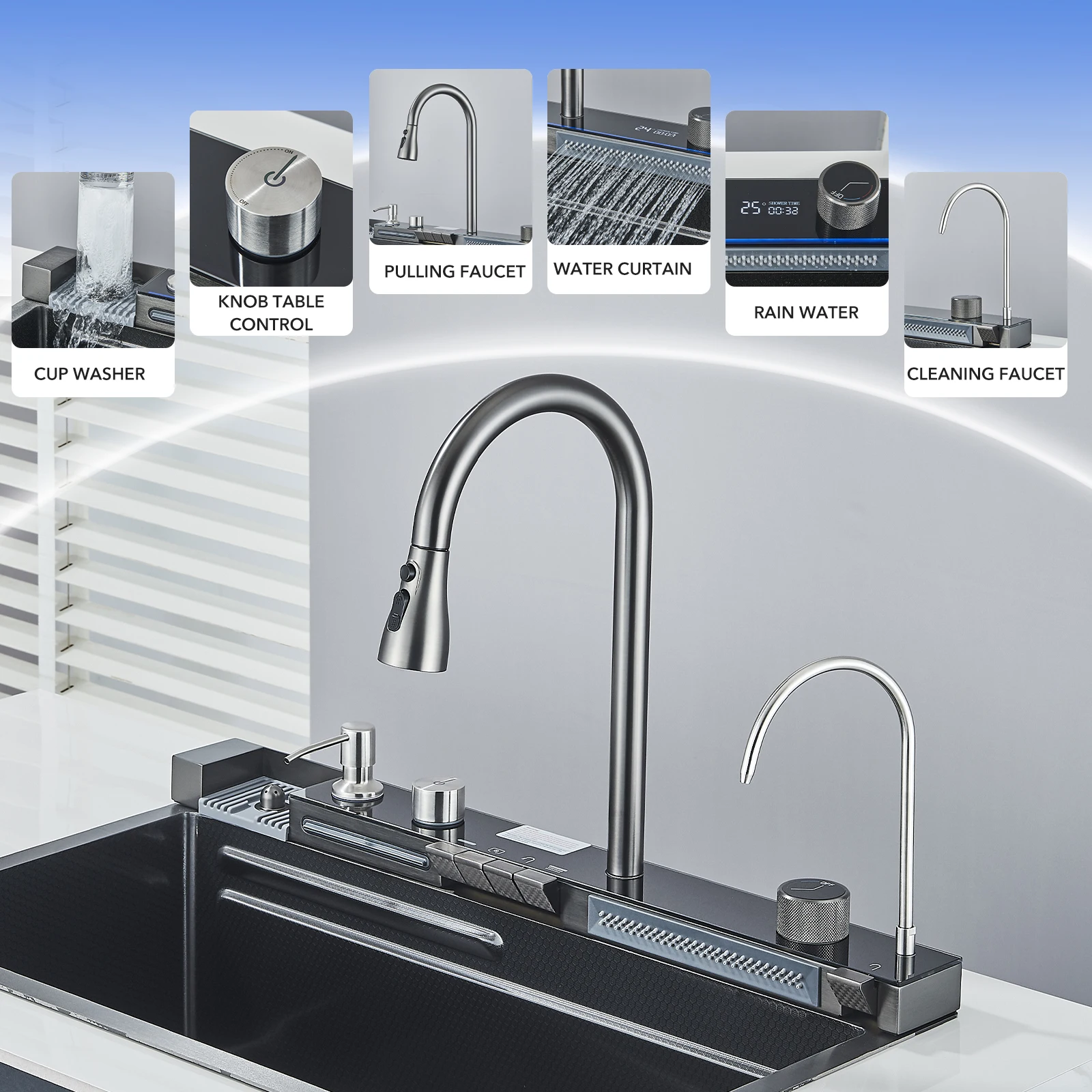 Nano Kitchen Sink 201 Stainless Steel Kitchen Waterfall Sink Digital Display Large Single Dish Basin Faucet