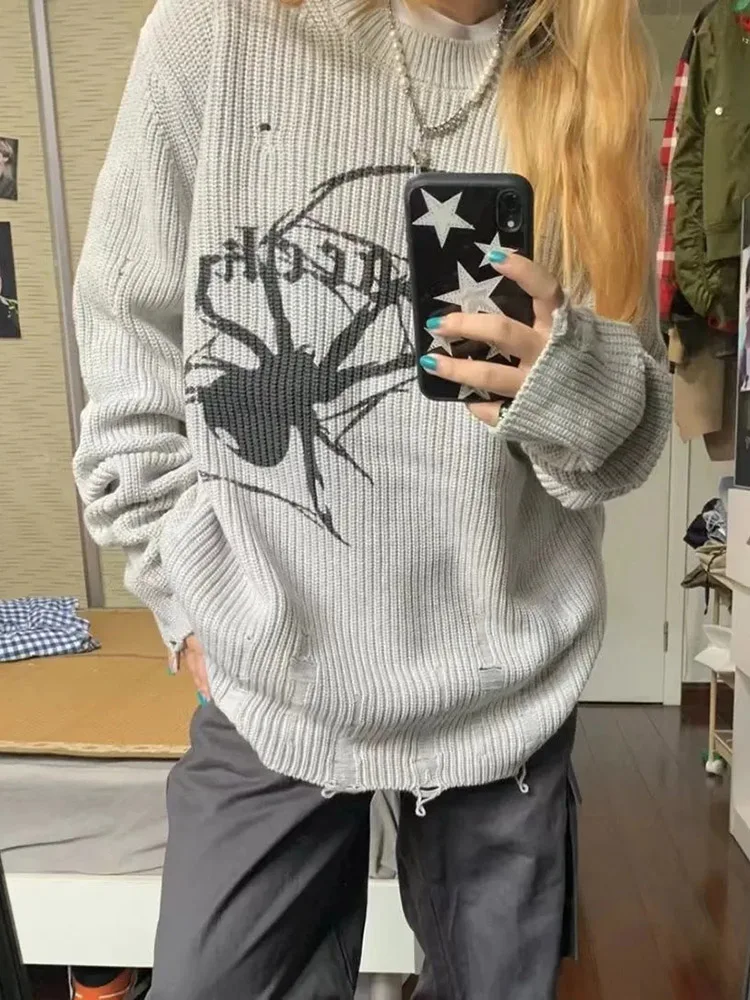

2022 Autumn Lazy Wind Ins Destruction Hole Sweaters Spider Print Loose Thickened Knitted Hip-Hop Sweater y2k Clothes