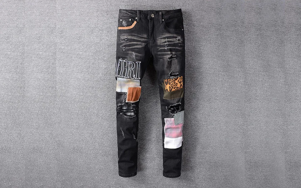 Men's Young Black Patchwork Slim Skinny Jeans Street Ripped Stretch Denim Pencil Pants Ripped Pants regular jeans