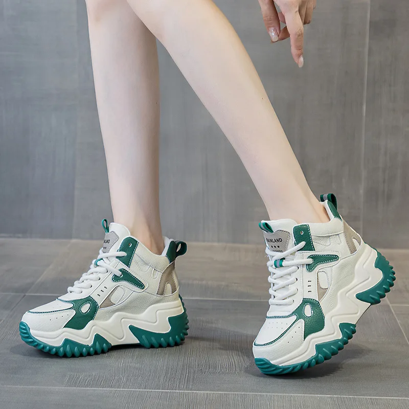 2023-98PInternal height increase 7CM genuine leather shoes for women 2024 spring versatile thick soled girls student sports shoe