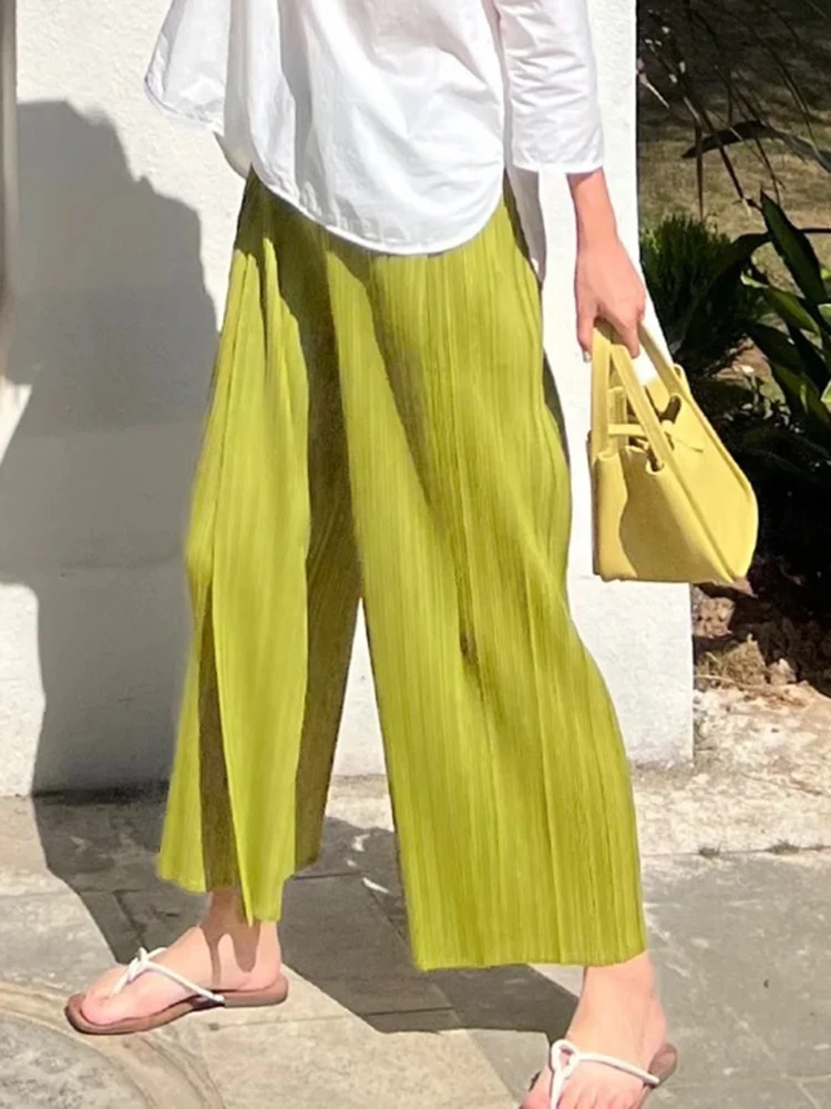 

ZCSMLL High Elastic Waist Green Brief Pleated Long Wide Leg Trousers New Loose Fit Pants Women Fashion Spring Autumn 2022 T8948