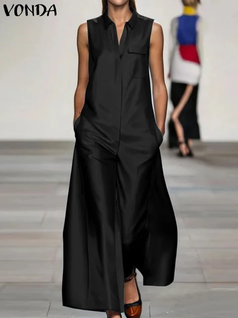 Plus Size Women Jumpsuits Elegant Office Lady Rompers Casual Sleeveless Satin Playsuits Solid VONDA 2025 Summer Long Overall 5XL 1