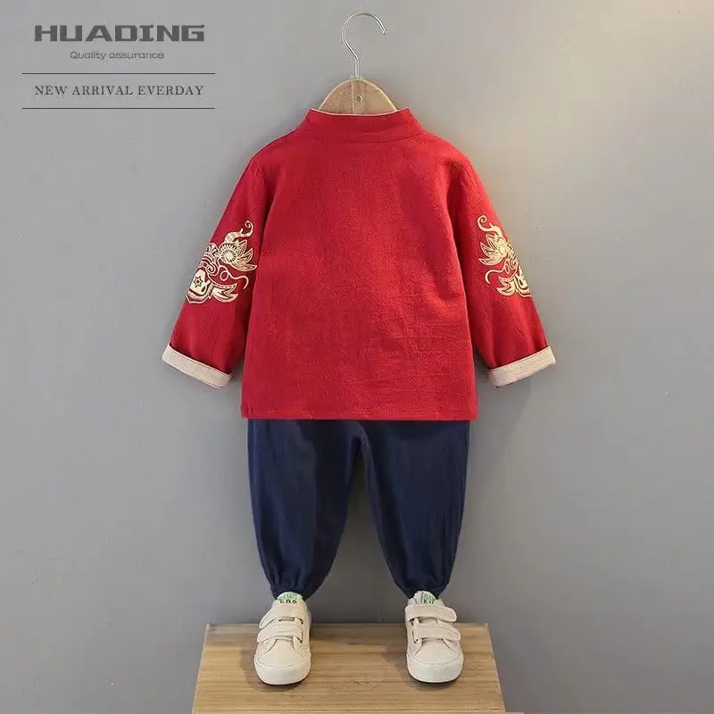 Summer Chinese Style Cotton Linen Red Dragon Embroidery Tang Suit Boys Girls Fashion Baby New Year Clothes Tai Chi Clothing