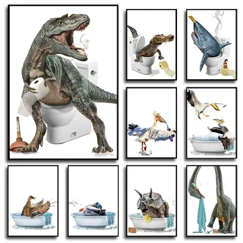 Divertente vasca da bagno animale toilette umorismo poster dinosauro orso cervo mallard anatra bagno tela pittura arte della parete decorazione della casa regalo 1