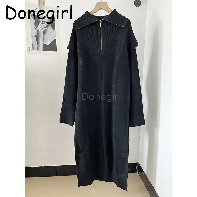 

Donegirl 2024 New Autumn Winter Women Fashion Zipper Lapel Knitted Sweater Dresses Solid Simple Elegant Long Dress Female Chic