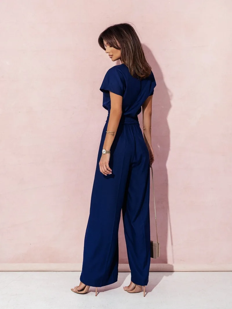 Women's New Sexy and Fashionable Vacation Style Casual Commuting Countryside Style Versatile Sweet Solid Color V-neck Jumpsuit
