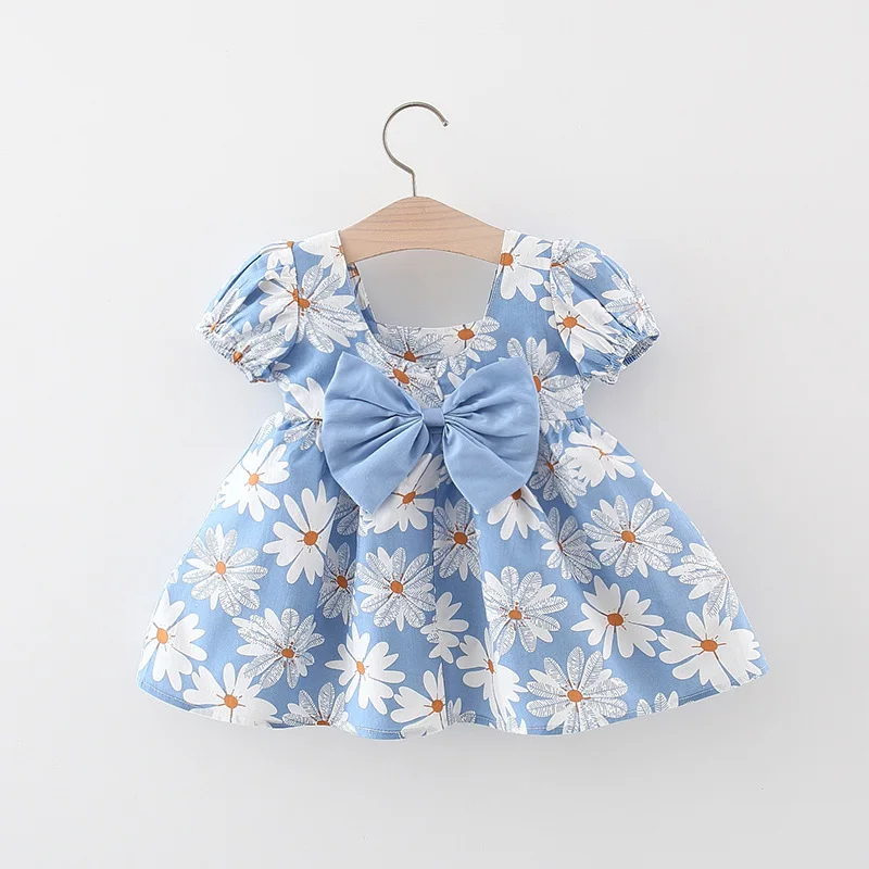 Sweet Children's Clothing Summer Flowers Puff Sleeves Baby Girls Dresses Fashion Bow Toddler Thin Kids Costume 0 To 3 Years Old