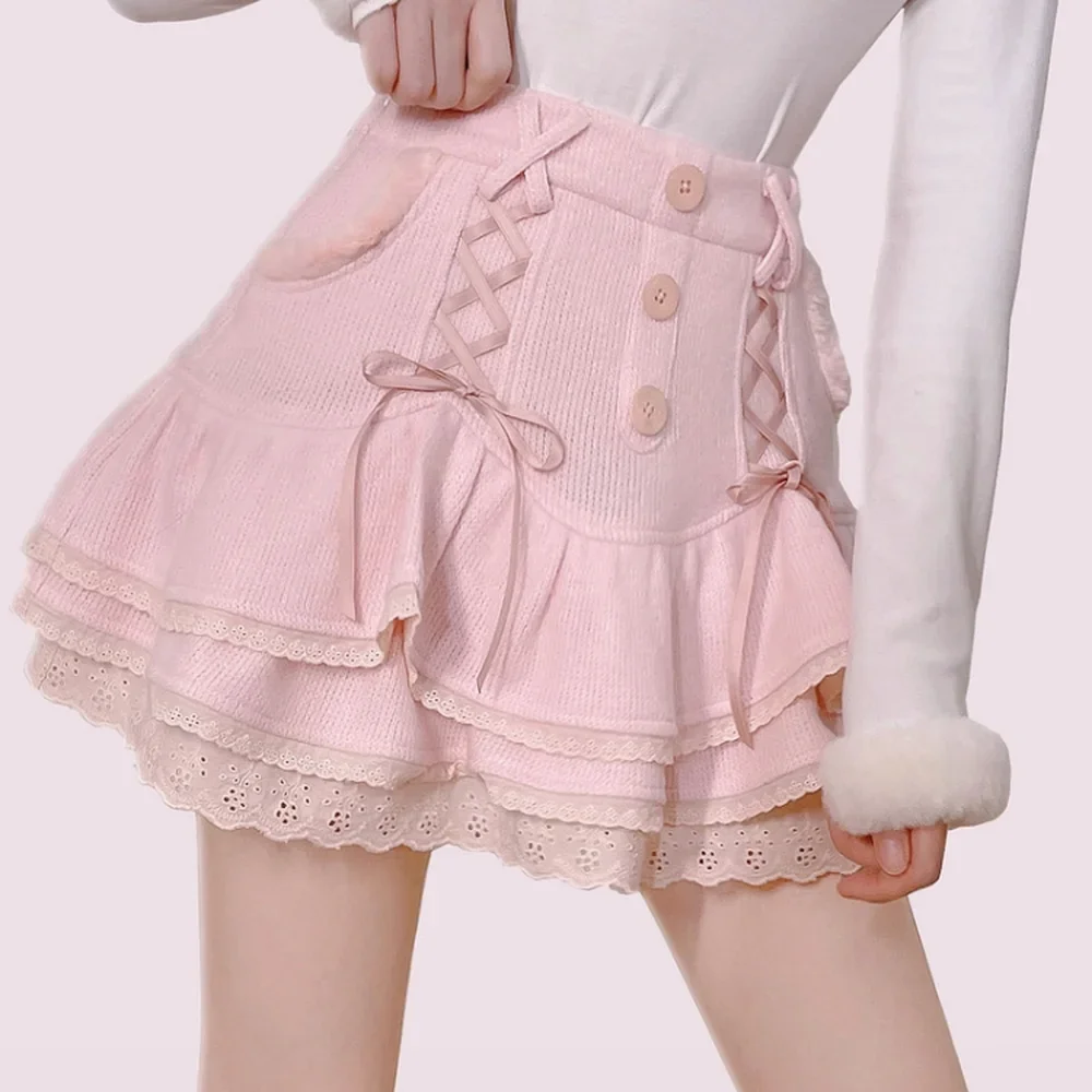 Japanese Kawaii Lolita Mini Skirt Women Winter Spring 2024 Lace Casual Elegant Sweet Beauty Skirt High Waist Tie Y2k Skirt Pink ирригатор evo beauty pink