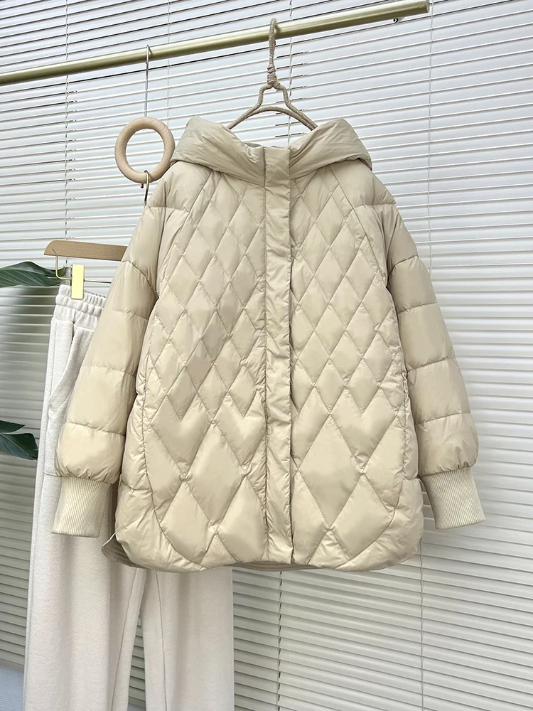 

New Winter Medium Long Down Jackets Women Hooded White Duck Down Jacket Streetwear Loose Diamond Plaid Snow Warm Puffer Coat