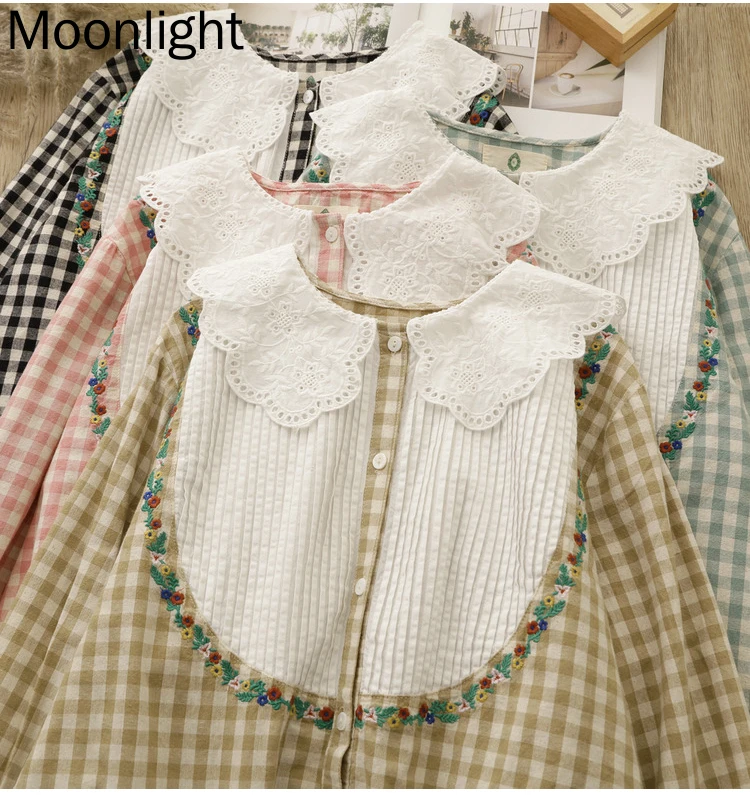 

Sweet Peter Pan Collar Plaid Shirt Women Vintage Mori Girl Embroidery Long Sleven Cotton Blouse Japanese Kawaii Lolita Blouses