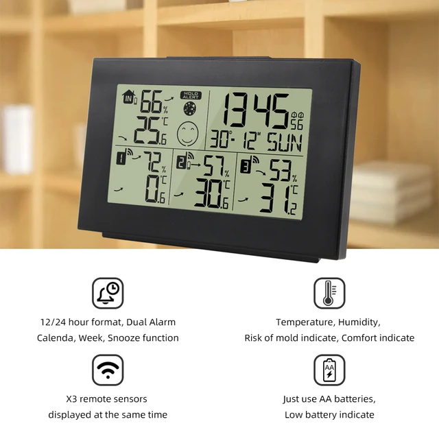 FanJu sveglia termometro digitale igrometro calendario elettronico orologio  da tavolo tavolo 3 sensore Wireless Home Office Decor - AliExpress