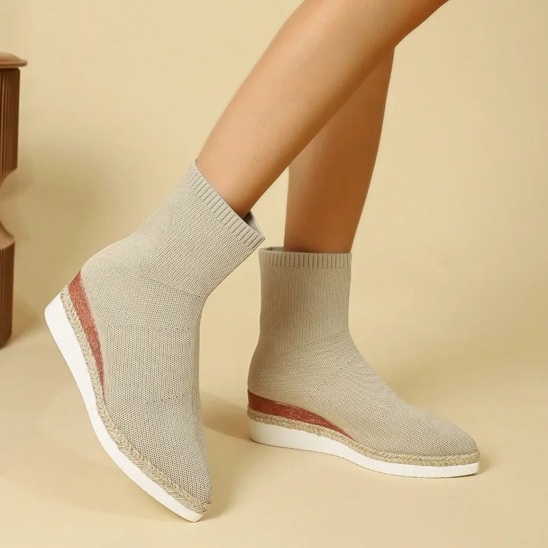Wedge Sock Boots Fall 2025 New Pointed Toe Knit Breathable Platform Non-Slip Wear-Resistant Stretch Boots