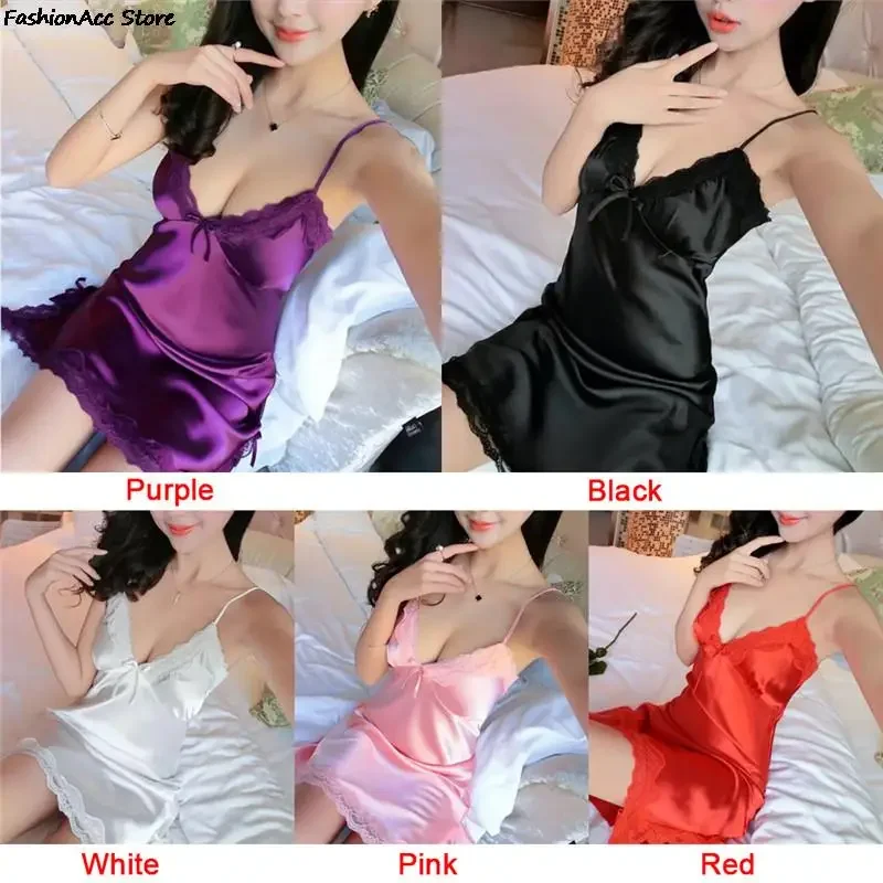 Ladies Silk Sling Nightdress Women's 2025 Summer Sexy Lingerie Satin Nightgowns Sleepshirts Lace Cup V-neck Nightwear Homewear - Image 6