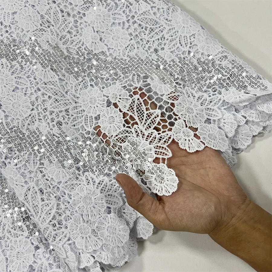 African Sequins Guipure Cord Lace Fabric Nigerian Water Soluble Lace For Women Wedding Dress 5Yards 4070