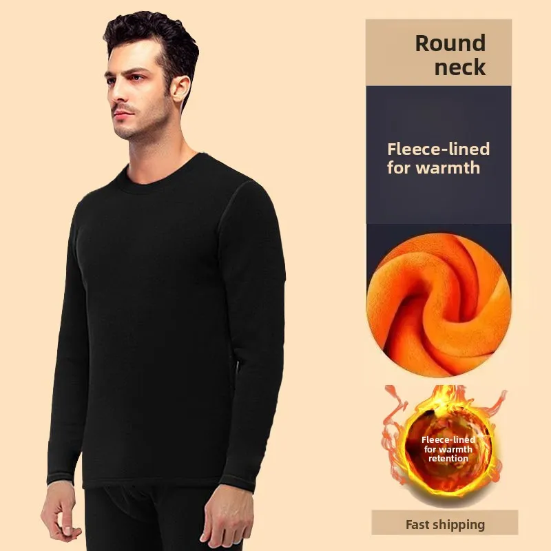 Men's Thermal Underwear Fleece Lined Thickened mid High Collar Top Self Heating Home Clothes Polyester Fiber Warmth Daily Wear - 4
