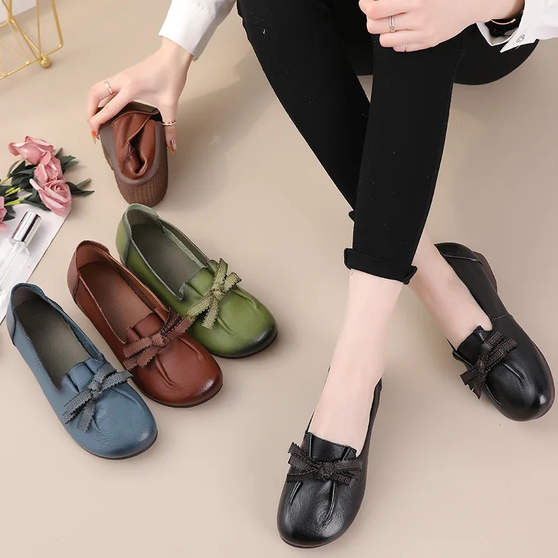 Brown Ballet Retro Flats Comfortable Elegant Women's Shoes Genuine Leather Loafers Ladies Bowknot Woman Soft Blue Moccasins ﻿