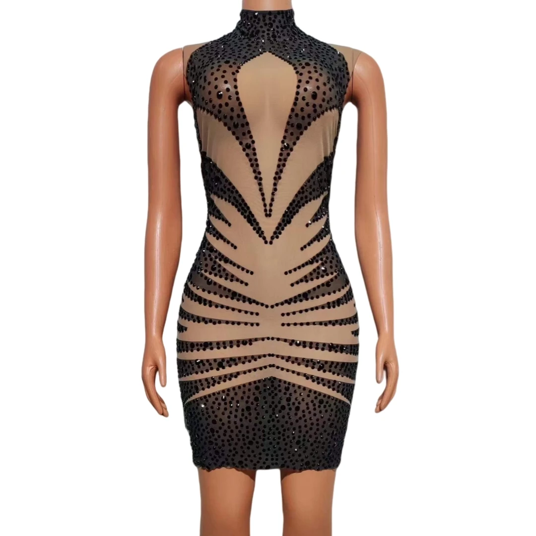 

Festival Sleeveless Mini Short Rhinestone Dress For Women Mesh See Thru Birthday Party Queen Dressy Night Clubbing Cheerleading