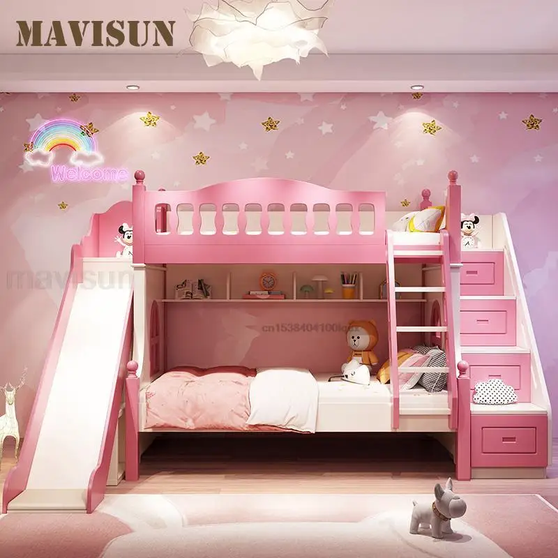 

Creative Lovely Loft Bed With Drawers Pink Two-Story Furniture For Girls From 5 To 8 Years Old Fashion Hot Sale Kids Bunk Bed