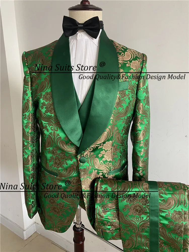 Description Picture 2 of itemGwenhwyfar Star Green Pattern Fabric Men Suits 2022 Tailor-made Groomsmen Best Man Tuxedos Suit with Gold Loquat Flower 3 Pieces