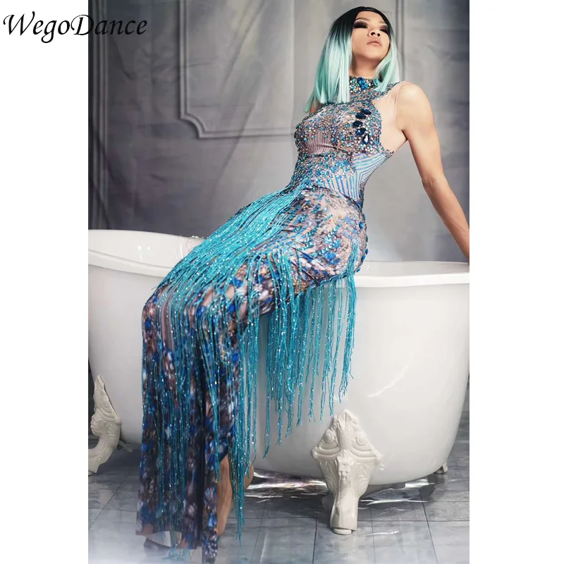 

Hot Sexy Costume Sparkly Blue Fringe Dress Singer Performance Tassel Party Glisten Rhinestones Costume Sleeveless Long Dresses