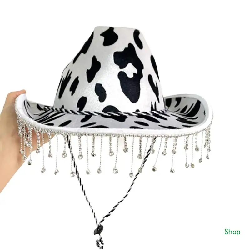 

Dropship Dairy-Cow Print Tassel Cowboy Hat Wide Brim Hats Adult Cosplay Party Props Hat