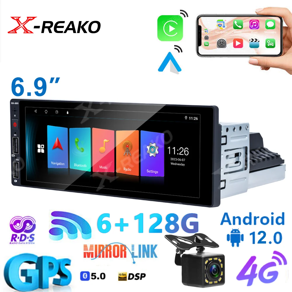 

X-REAKO 1 Din Car Multimedia Player 6.9 Inch Android Touch Screen Carplay auto Stereo Video GPS WiFi Universal 1dinFM Auto Radio