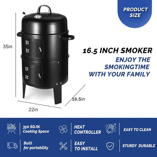 16.5 Inch Charcoal Smoker Grill with Thermometer, 3-in-1 Portable Vertical Smoker, Black 3