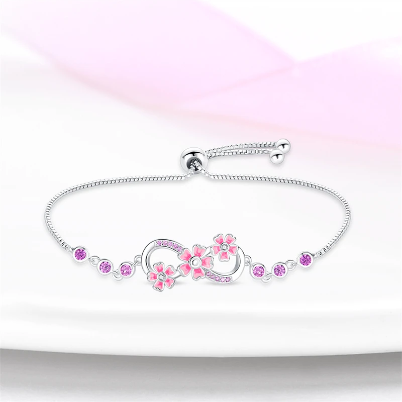 Silver Bracelet Bracelet Silver 925 Adjustable Fantasy Lucky Symbol Pink Flower Zircon