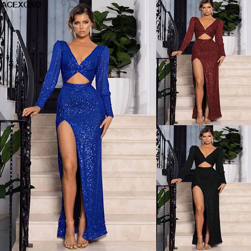 

Europe and the United States spring and summer new women's sexy V-neck long-sleeved dress slit long skirt