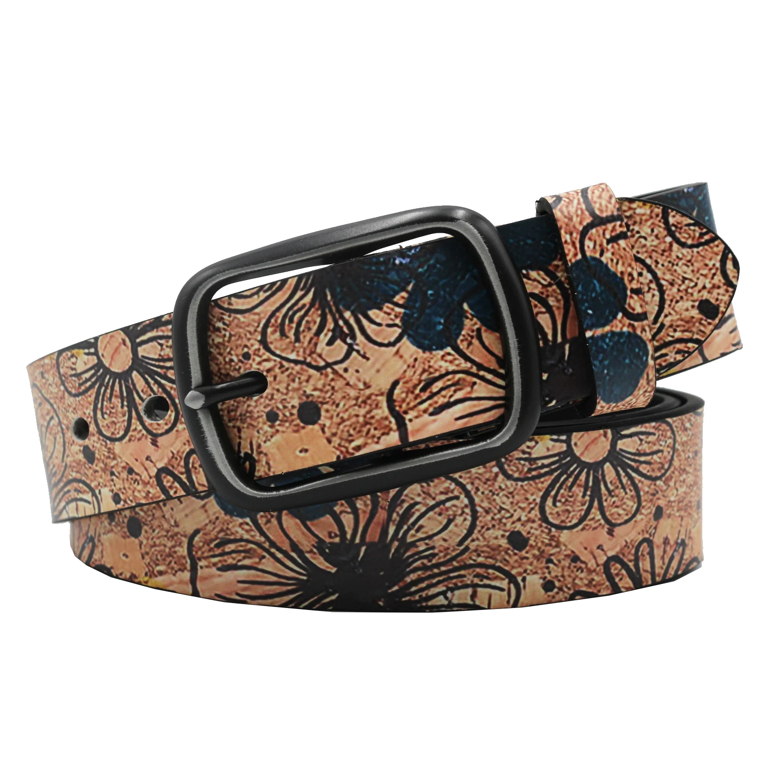Fashion Belt with Black Pin Buckle Denim Belt Flower Vintage Style