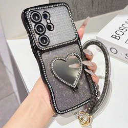 Gradient Glitter Rhinestone Phone Case with Heart - shaped Mirror Stand and Strap Bling Cover - Galaxy S26+ (Black)