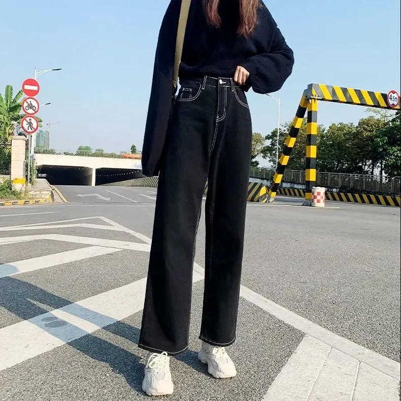 

Jeans Women All-match Korean Style Mopping Trousers Denim Vintage Black Solid High Waist Autumn Baggy Chic Ulzzang Street Casual