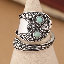 Bohemian Ethnic Style Inlay Turquoise Women's Adjustable Gothic Vintage Silver Ring (Silver Plated)