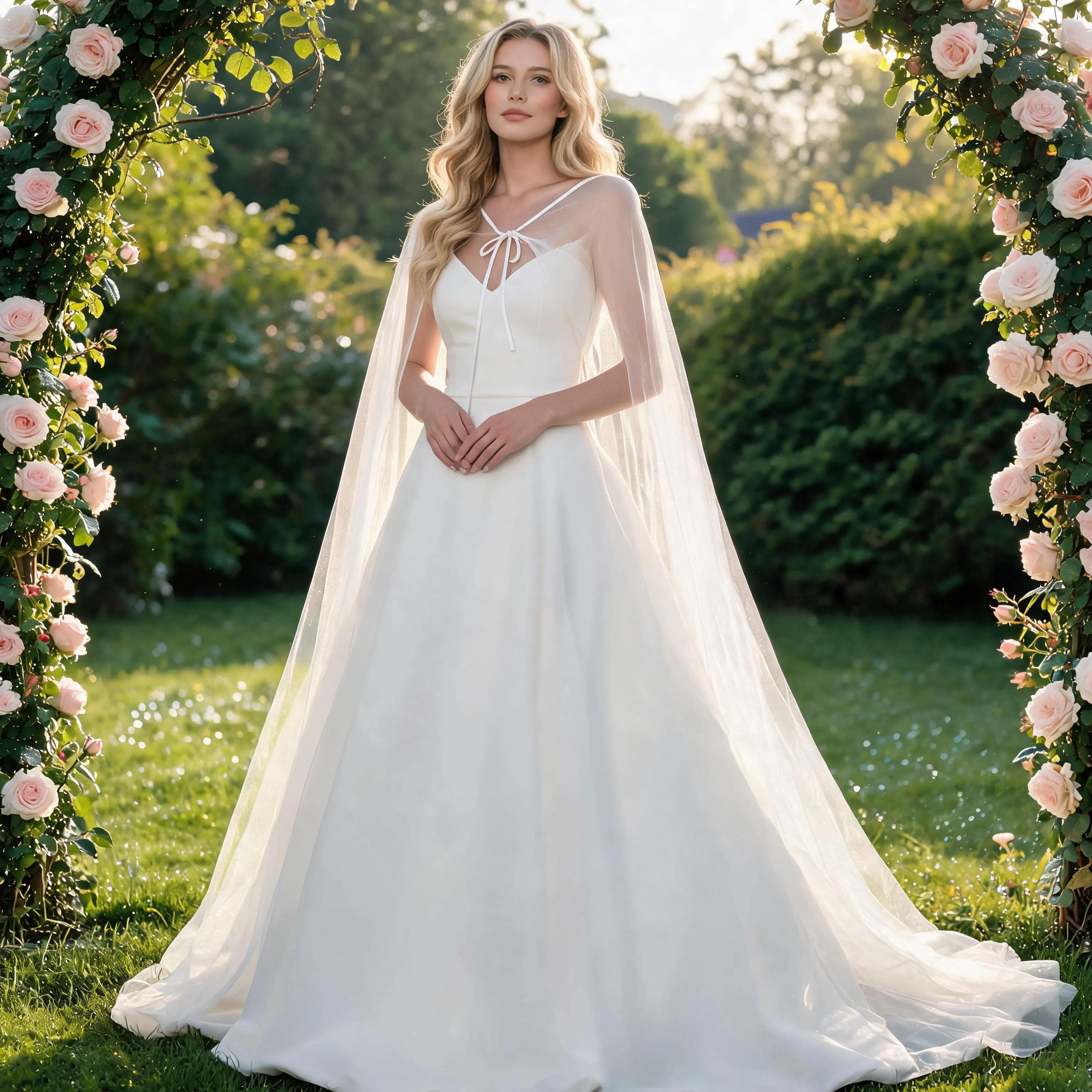 Wedding Cape for Bride Soft Tulle Bridal Cape Veil Long Cathedral Train Sheer Shoulder Cover Up for Wedding Dress GP16