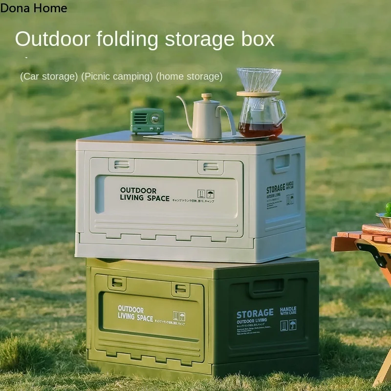 

Camping Storage Box with Side Door, Foldable Wood Lid and Large Capacity for Car Trunk