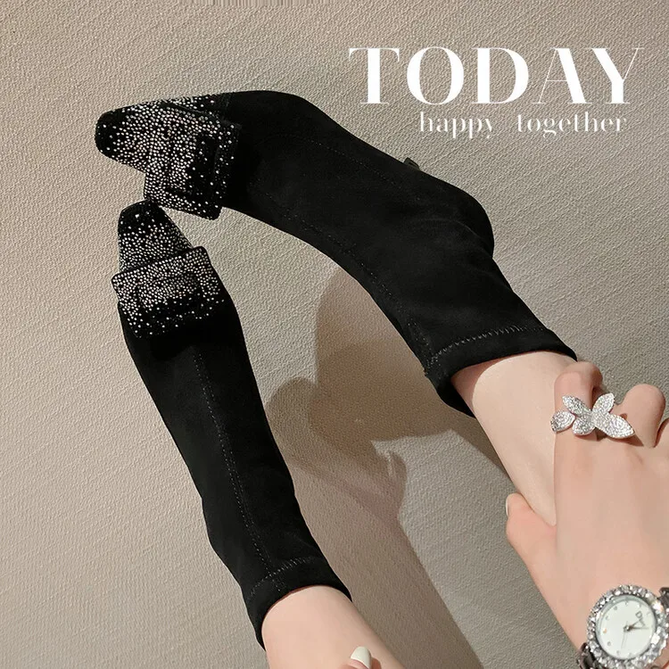 

Женские эластичные ботинки на высоком каблуке, черные ботинки с квадратным носком, украшенные стразами, осенние ботинки больших размеров 42, разные цвета