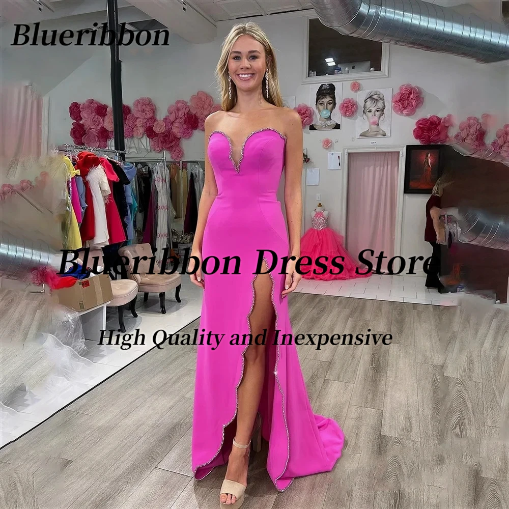 

Blueribbon Hot Pink Prom Dresses Sweetheart Women Wear Evening Gowns Beaded Side Slit Long Maid of Honor Wedding Party Dress