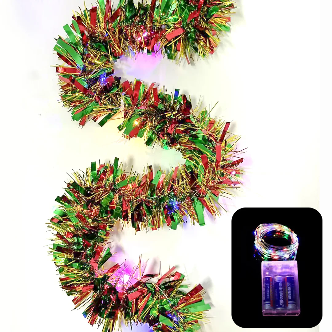 Christmas Tree Decoration 1pc 16 Ft Tinsel Garland Metallic Shinny with LED Lights Thick Hanging for Xmas Party Indoor