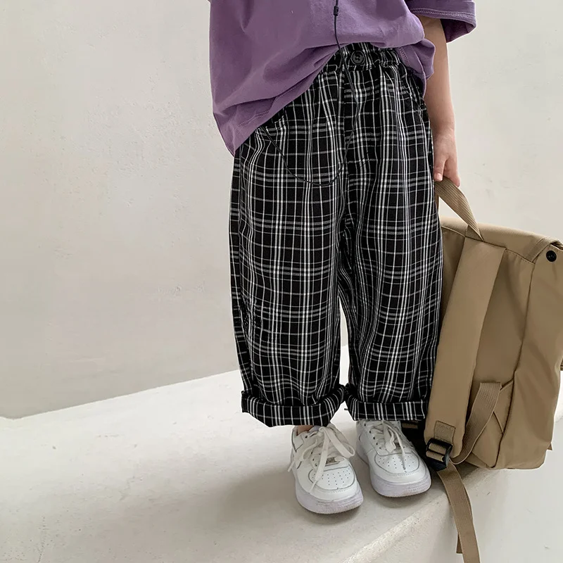 

2023 Summer Kids Pants Boys Fashion Plaid Casual Pant Boy Cotton Thin Style Straight Trousers