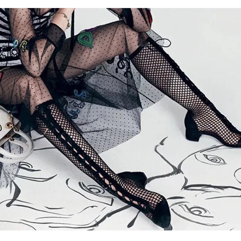 

Fashion Ladies Suede Patchwork Mesh Knee Boots Front Crosstie Med Square Heels Women Summer fishnet hollow Knight Boots