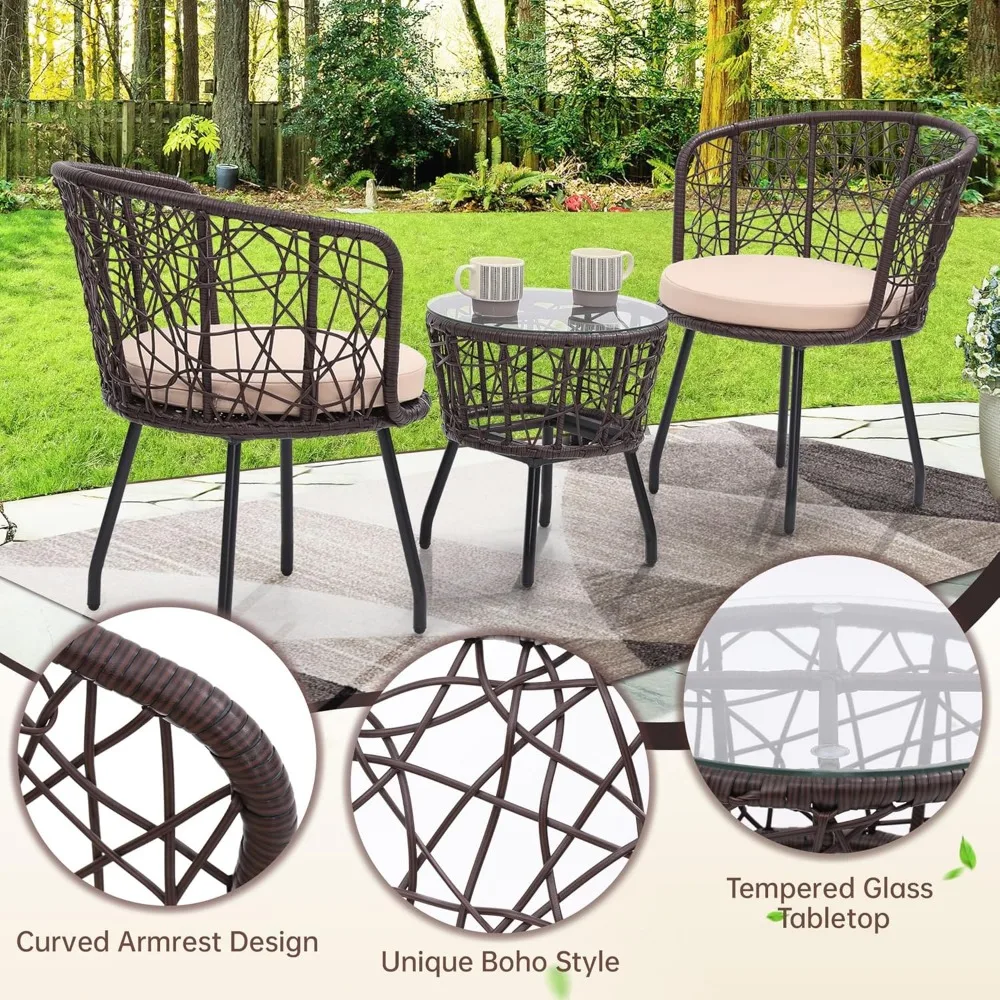 Boho 3 Piece Bistro Set, Modern Outdoor Wicker Patio Furniture with Tempered Glass Table Top and 2 Chairs, Washable Cushi 4