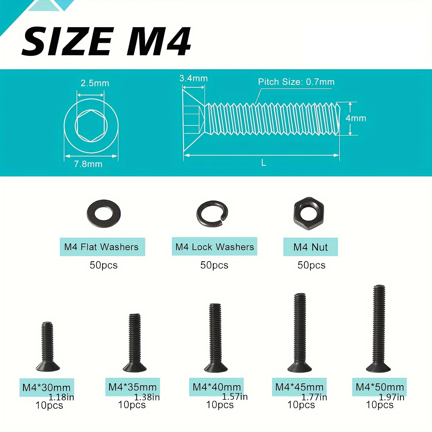 M4 x 8mm 10mm 12mm 16mm 18mm 20mm 25mm 30mm 35mm 40mm 45mm 50mm Flat Head Hex Socket Cap Screws Countersunk Bolts 335PCS/200PCS