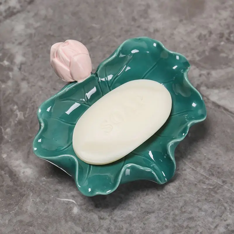 Ceramic Soap Dish, Home Bathroom Supplies, Creative Light Luxury, Cute lotus leaf shape Soap Box No Punching Draining Water, 1Pc